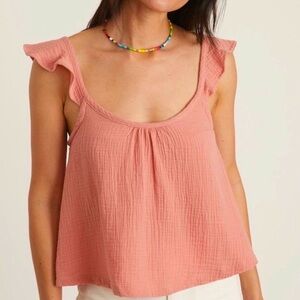 Marine Layer Jude Flutter Sleeve Crinkle Cotton Top in Rosette Pink Size Small